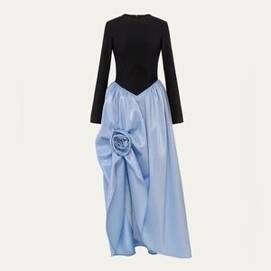 Sleeper Aurora High-Low Basque Rosette Maxi Dress in Blue